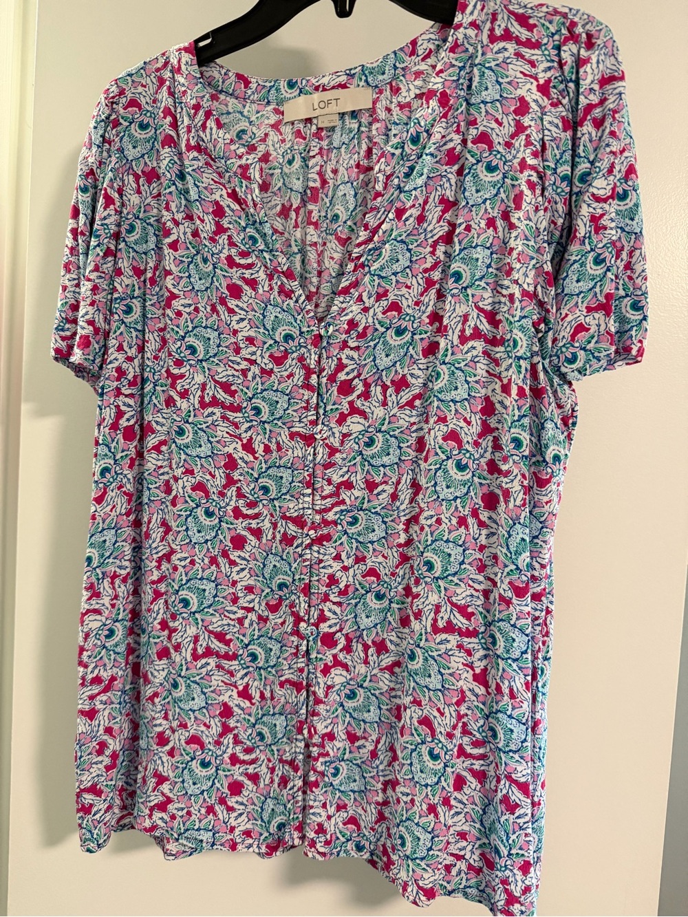 LOFT Pink and Teal Floral V-Neck Short Sleeve Top